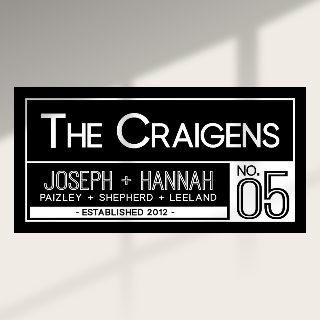 Custom minimalist black-and-white canvas featuring family names and No. 05 detail