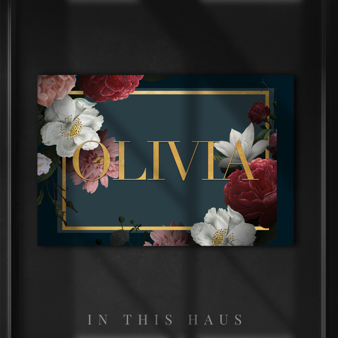 Close-up of the rich floral details and gold accents on the Olivia canvas.