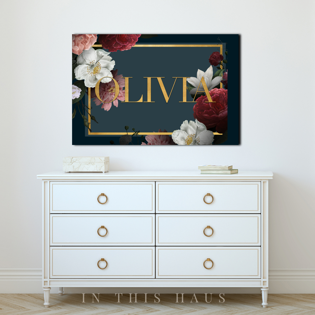 Olivia Personalized Floral Canvas featuring a custom name with gold typography and elegant floral arrangement.