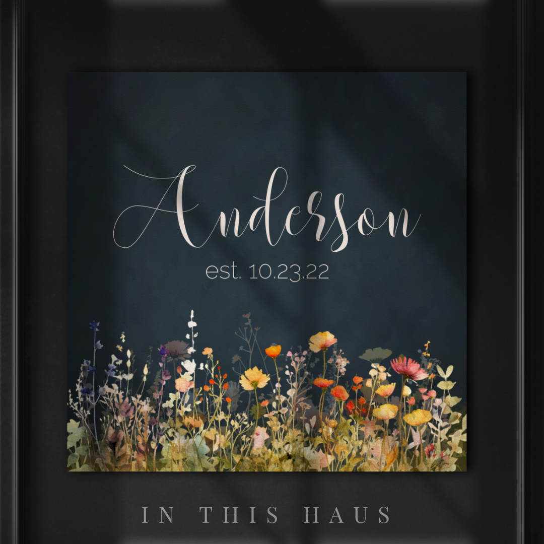 Anderson Last Name Sign for Home with wildflower art and a customizable family name.