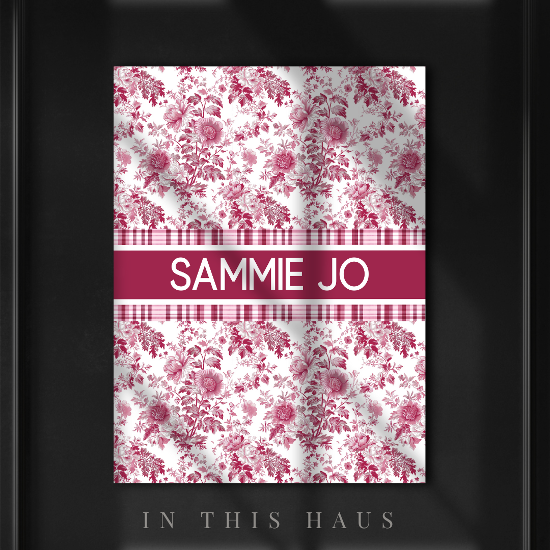 Personalized floral and gingham canvas featuring the name Sammie Jo in bold text