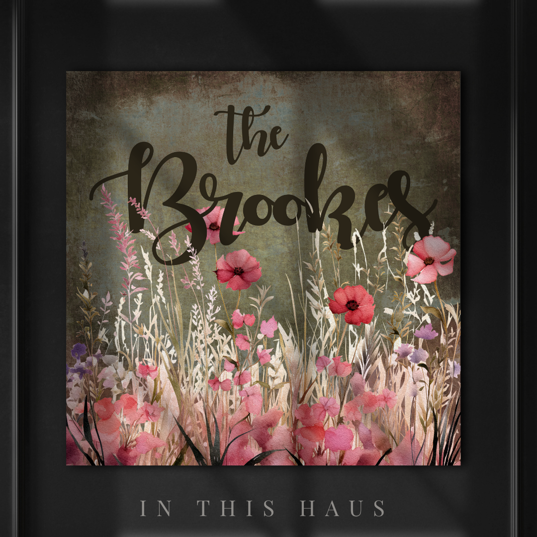 Close-up of the wildflower details and elegant script on the Brookes Canvas.