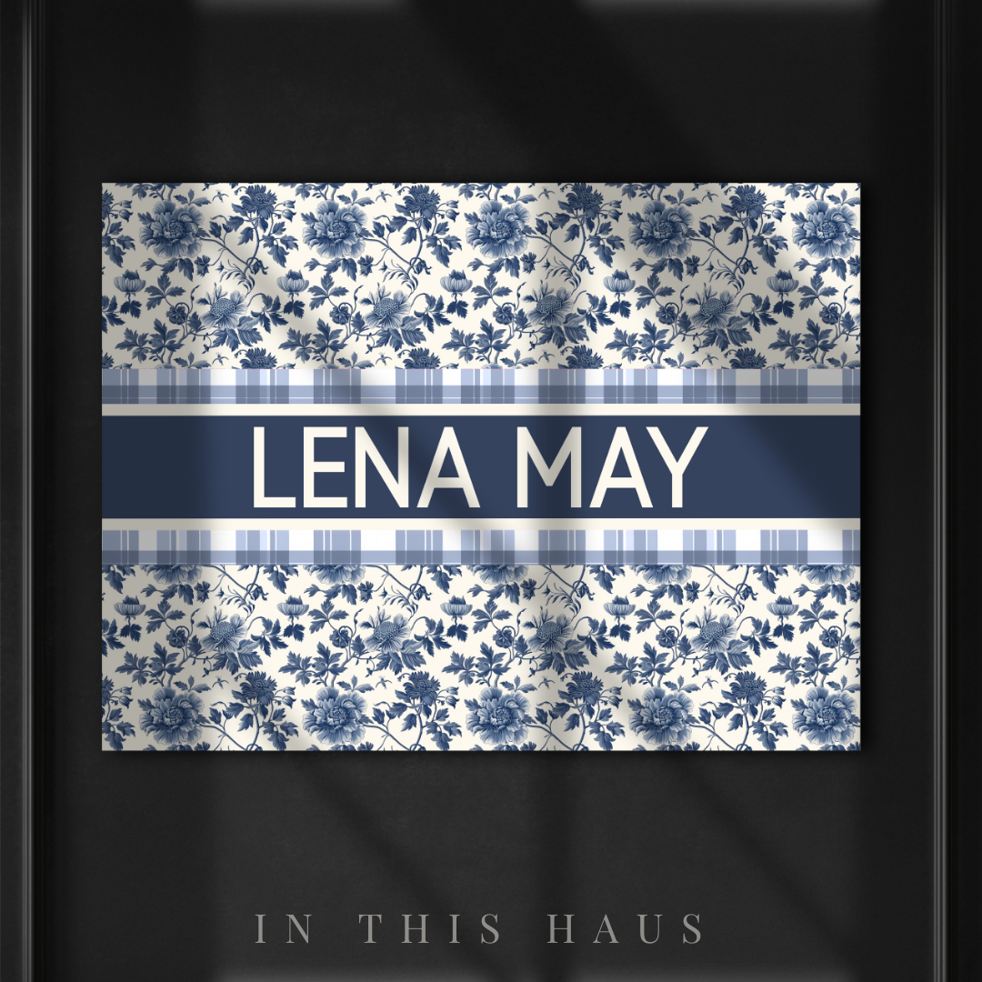 Personalized name canvas featuring Lena May with blue floral and gingham patterns