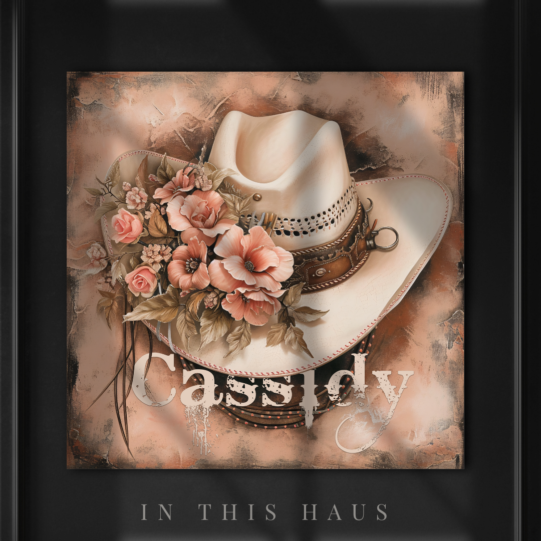 Close-up of the cowgirl hat and floral details on the Cassidy Canvas.