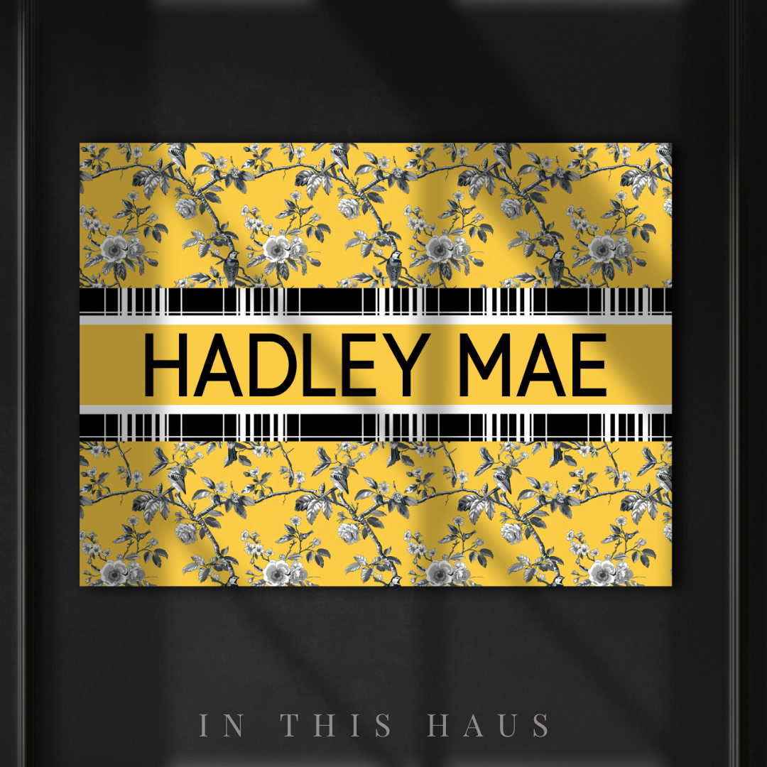 Hadley Mae Yellow Toile Canvas featuring a vibrant yellow floral pattern and customizable name.