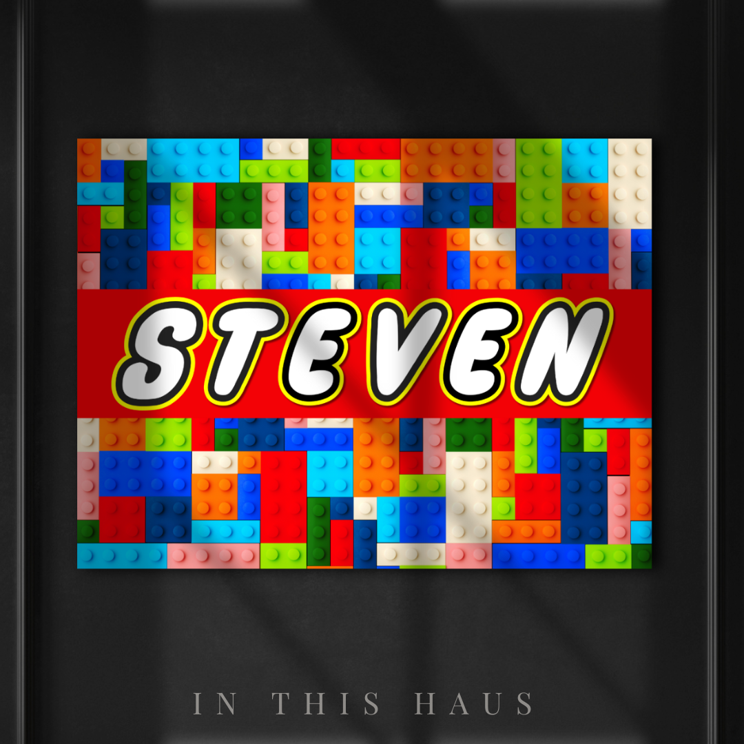Close-up of vibrant interlocking brick pattern and bold personalized name.