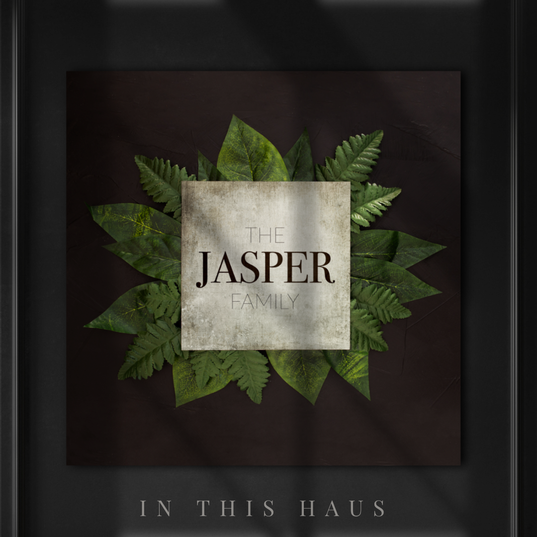 Close-up of the textured background and leaf details on the Jasper Family Canvas.