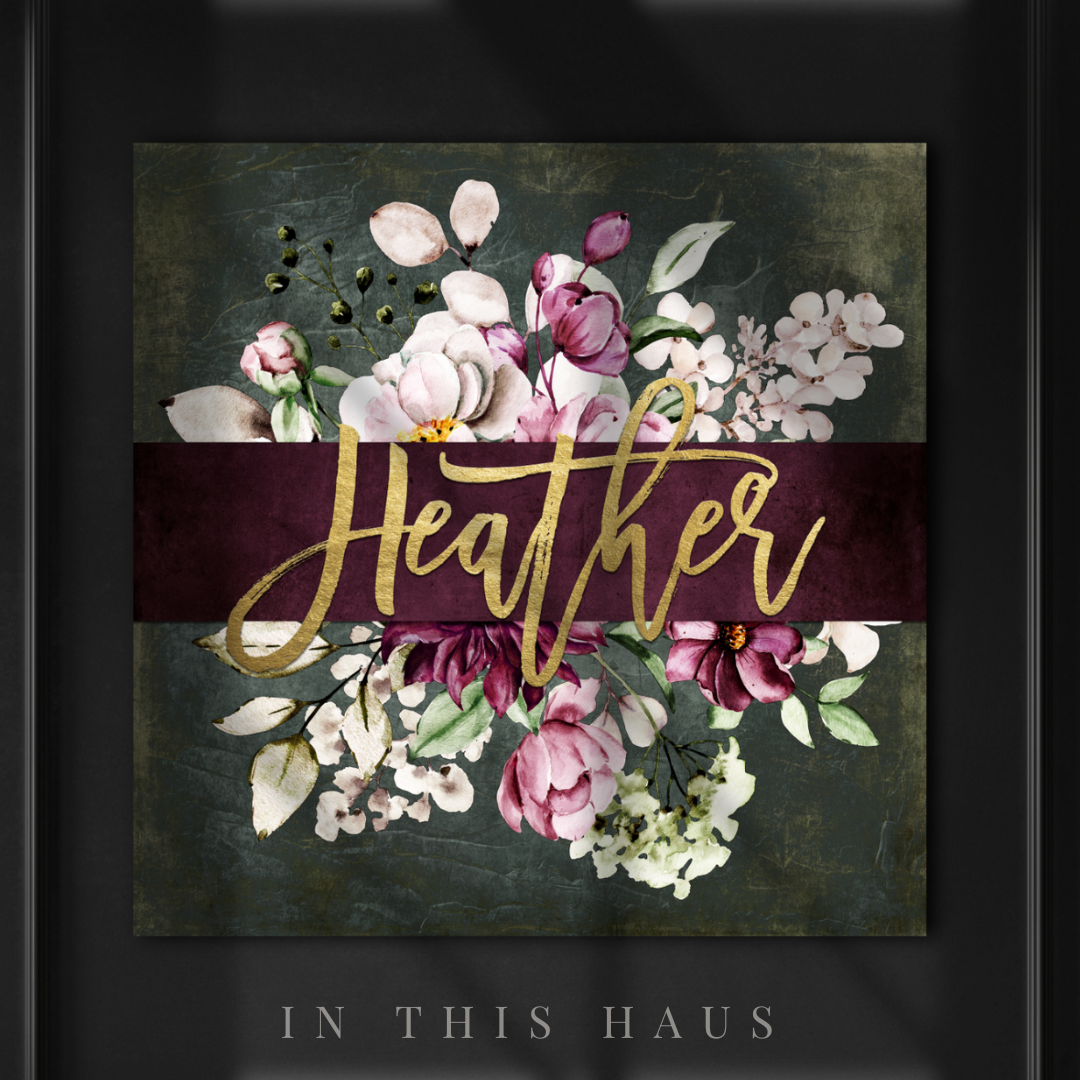 Close-up of the delicate floral details and golden script on the Heather Canvas.