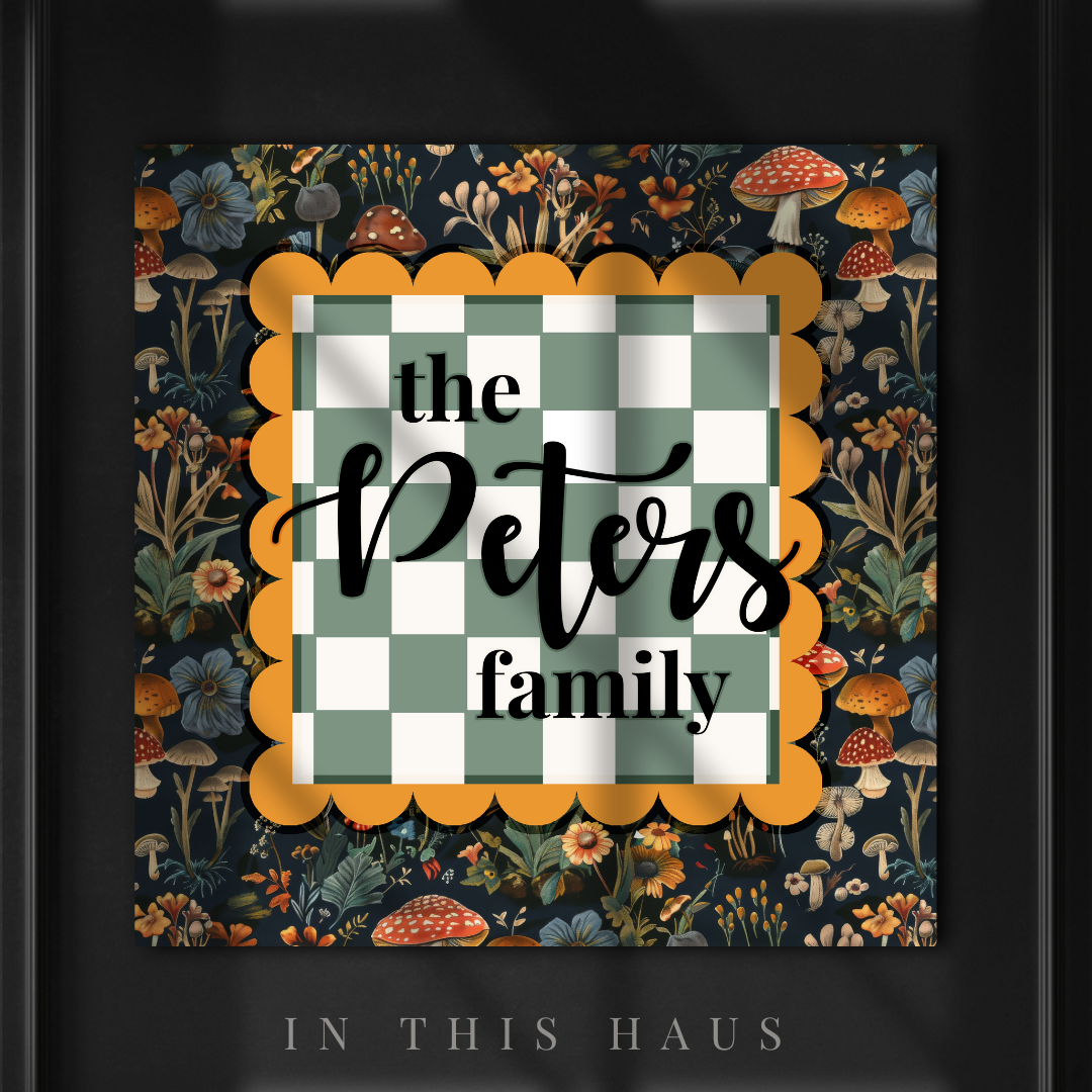 Personalized family plaque with floral mushroom pattern and green checkered design, customizable with family name.
