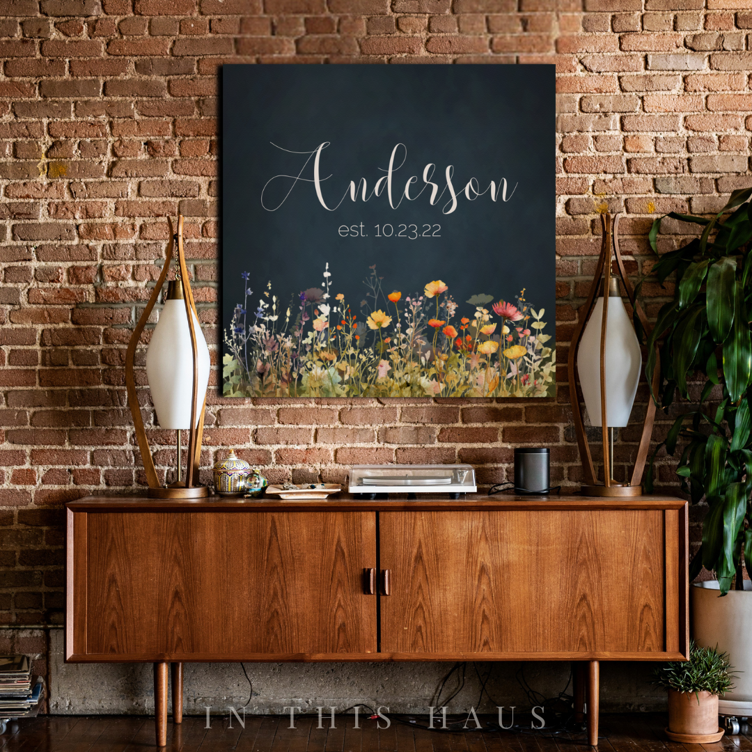 "Modern farmhouse living room featuring the Anderson Last Name Sign as a timeless focal point."