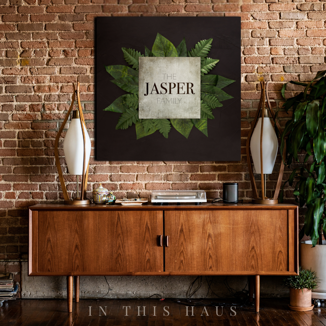 Modern farmhouse living room paired with the Jasper Greenery Canvas for a neutral accent.