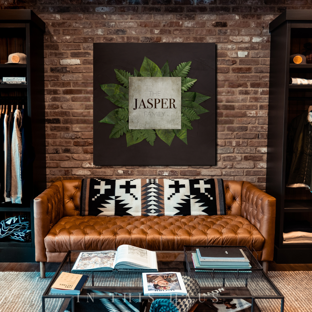 Modern farmhouse living room paired with the Jasper Greenery Canvas for a neutral accent.