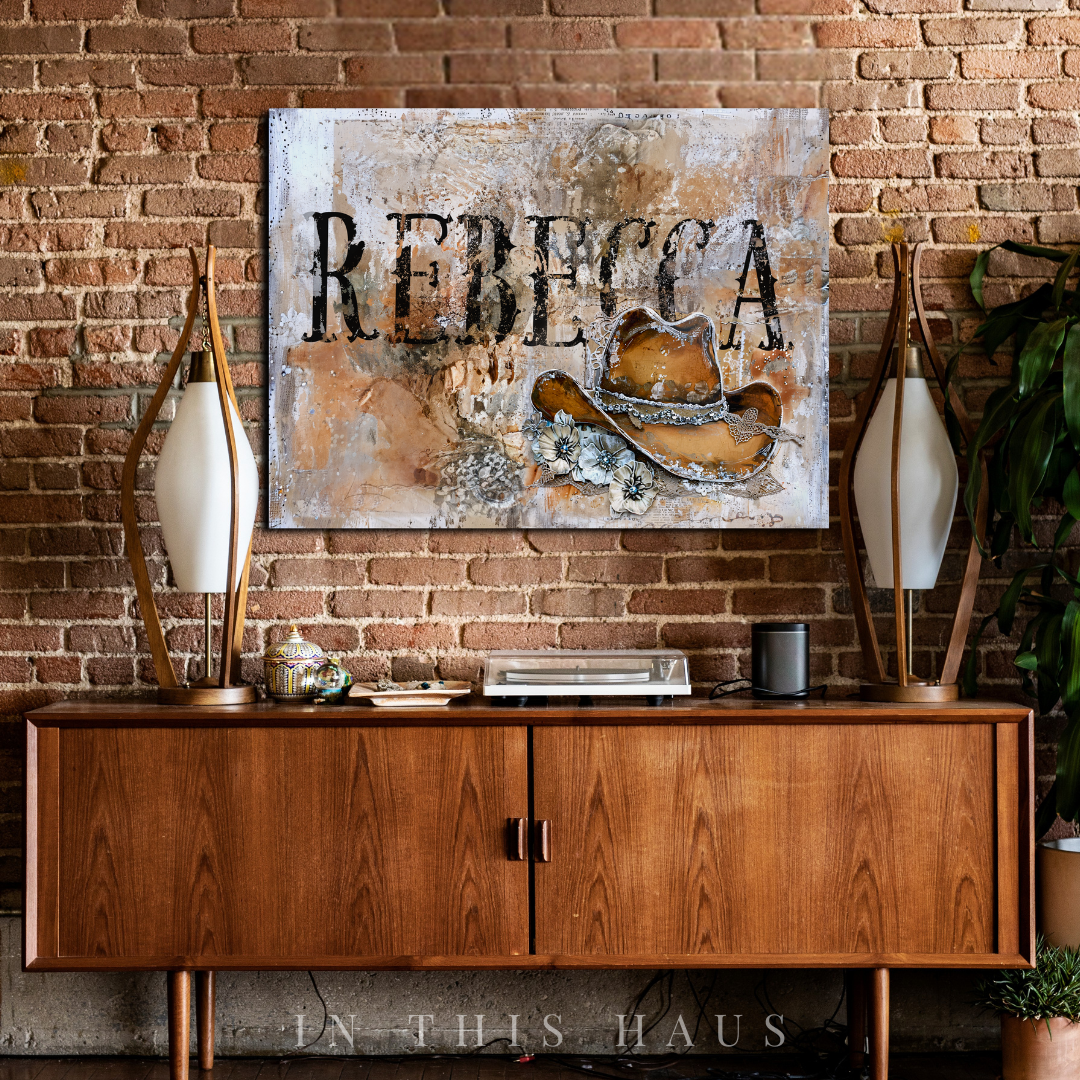 Personalized Name Western Canvas | Rebecca Rustic Cowgirl Hat Design