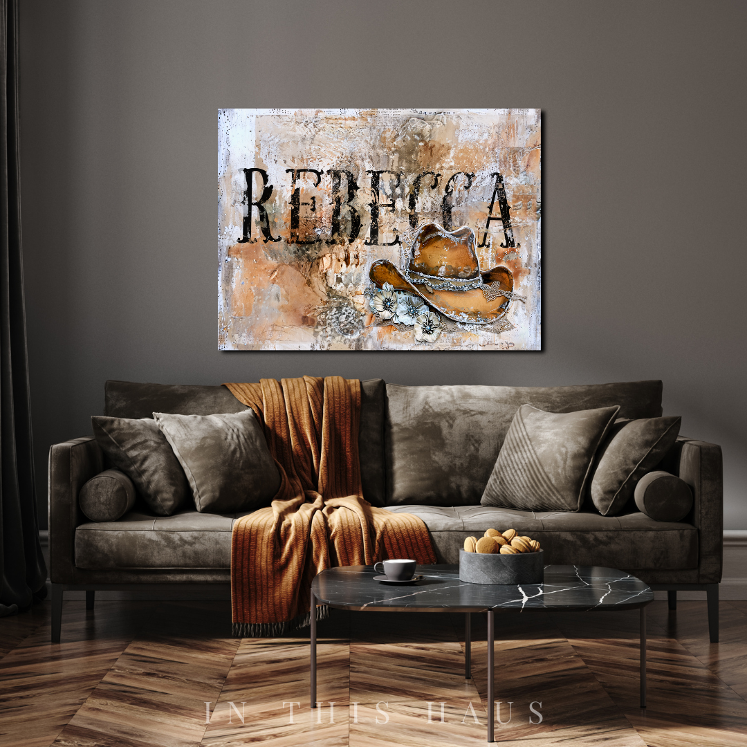 Personalized Name Western Canvas | Rebecca Rustic Cowgirl Hat Design
