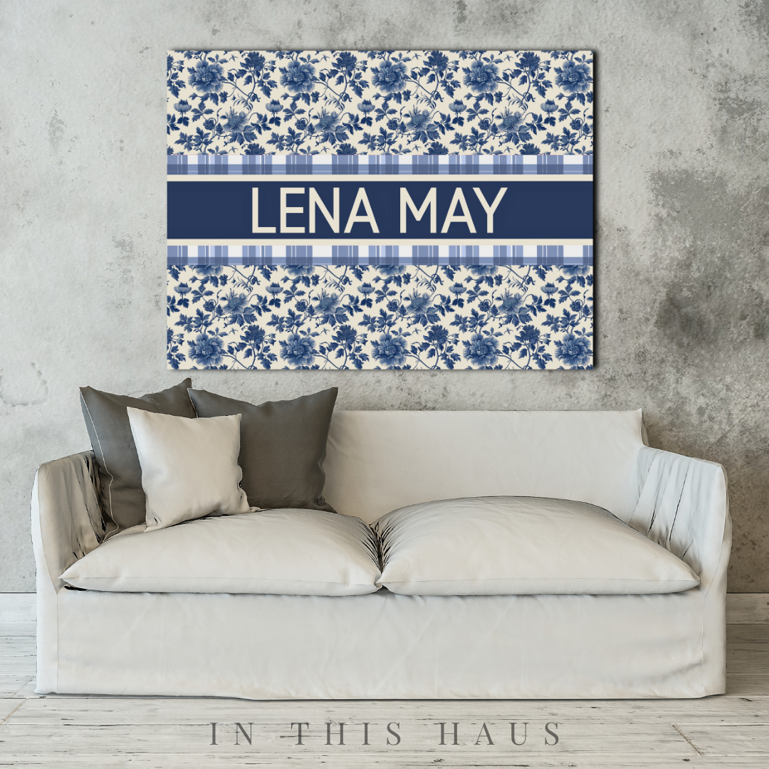 Bedroom decor featuring the Lena May Floral Personalized Canvas as a centerpiece above the bed
