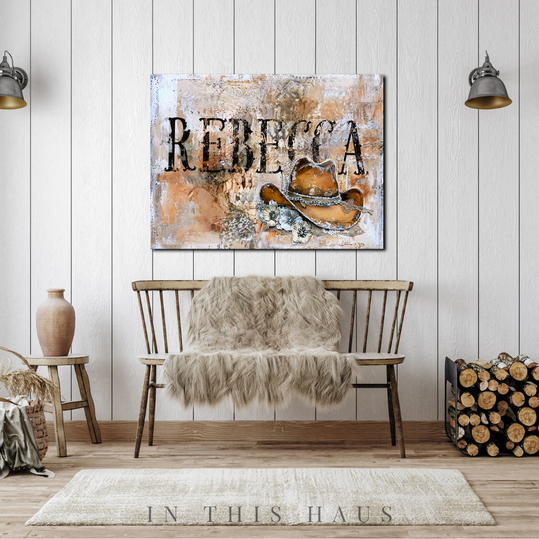 Personalized Name Western Canvas | Rebecca Rustic Cowgirl Hat Design
