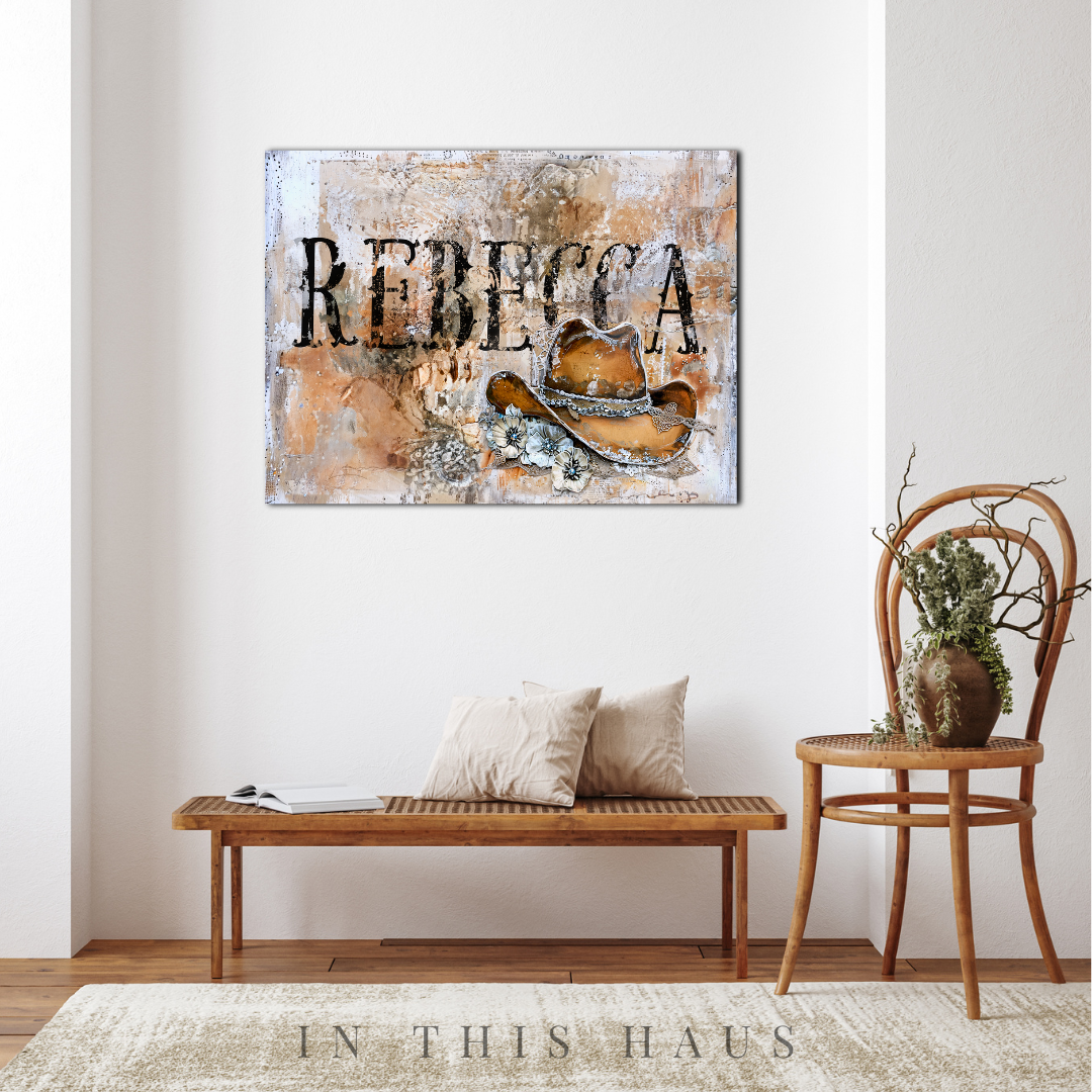 Personalized Name Western Canvas | Rebecca Rustic Cowgirl Hat Design
