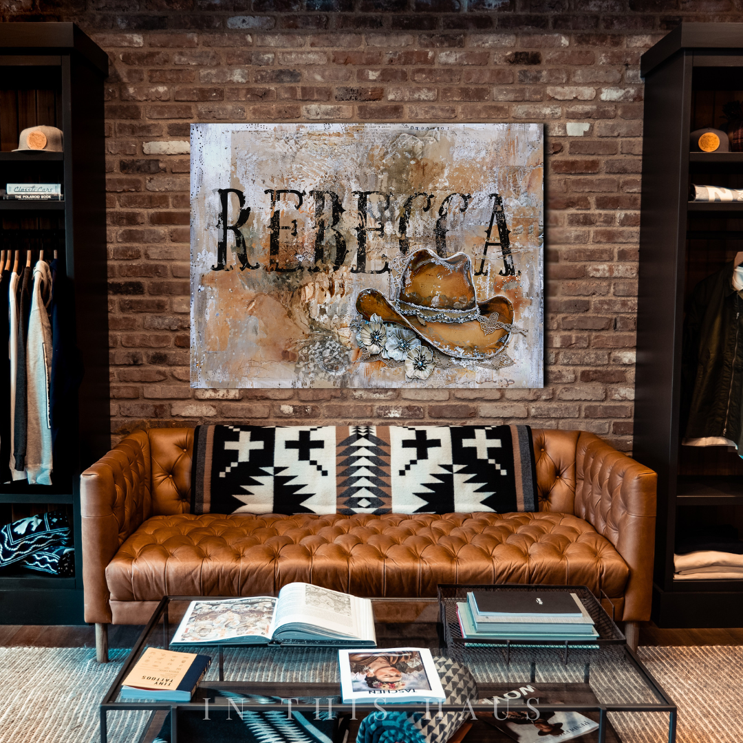 Personalized Name Western Canvas | Rebecca Rustic Cowgirl Hat Design