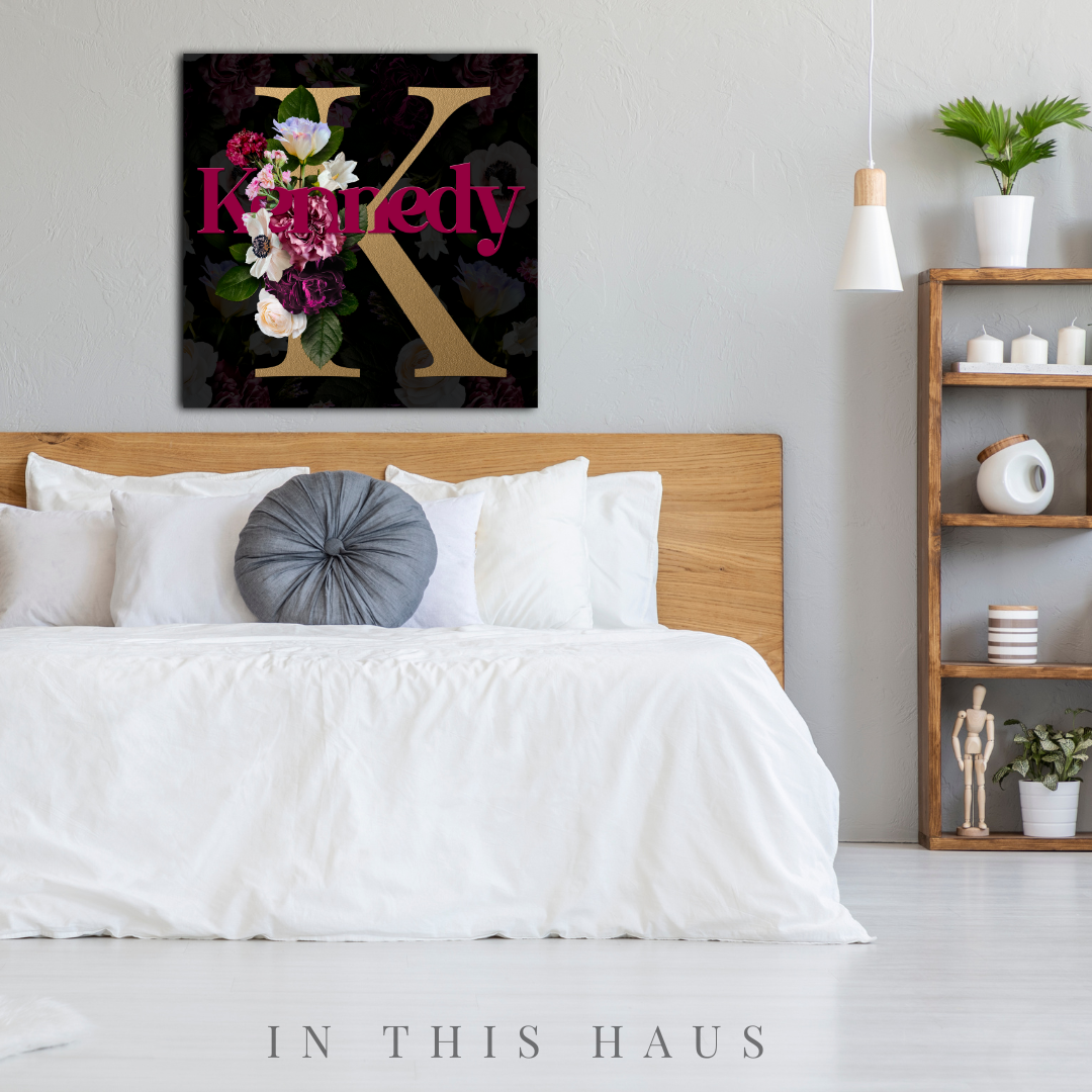 Close-up of the intricate floral details and elegant gold lettering on the personalized canvas.
