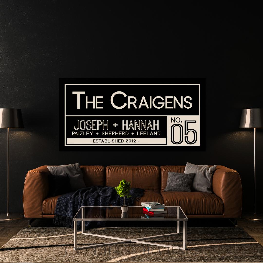 Personalized modern family name sign featuring "The Craigens" with family members and established date
