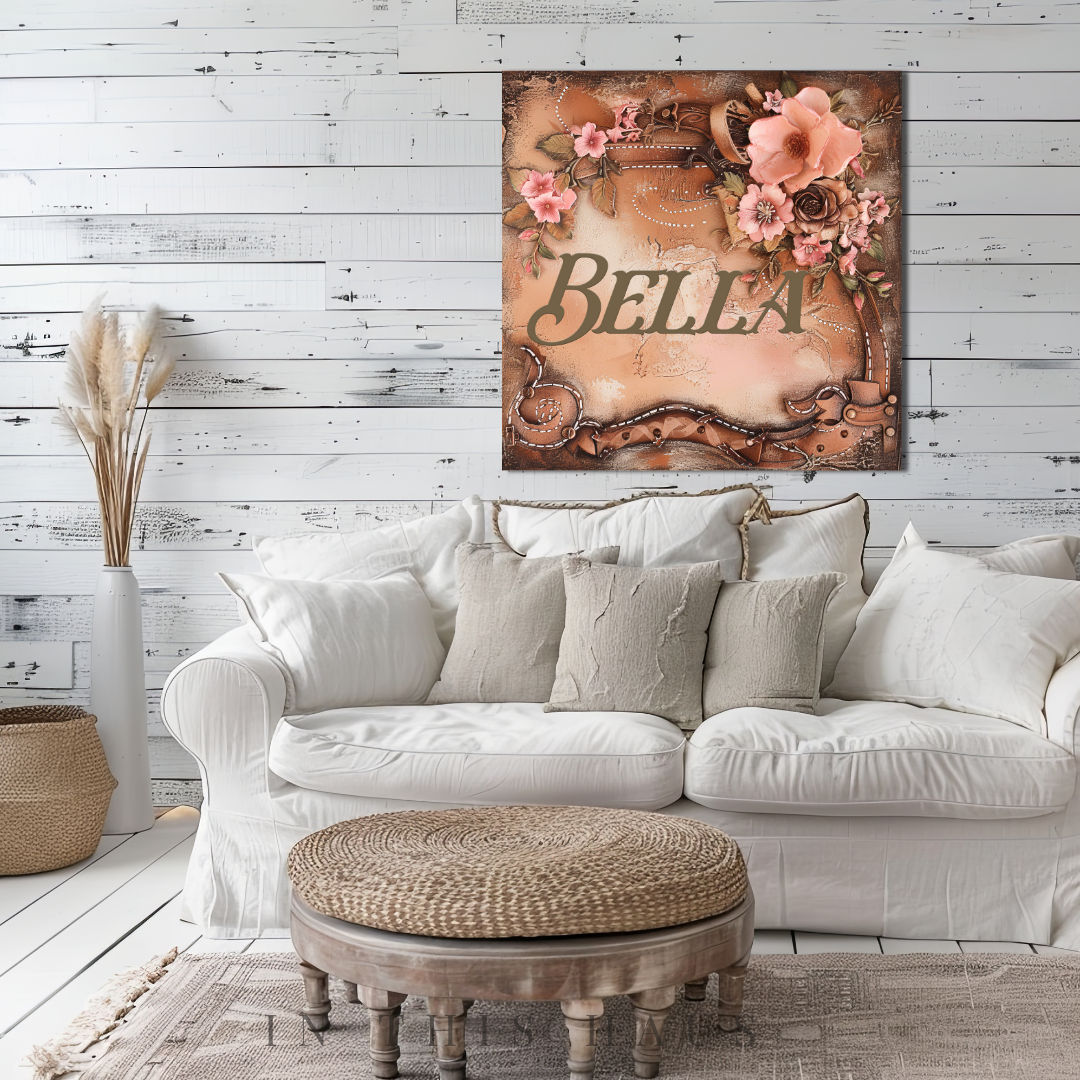 Close-up of the distressed leather texture and floral details on the Bella Canvas.
