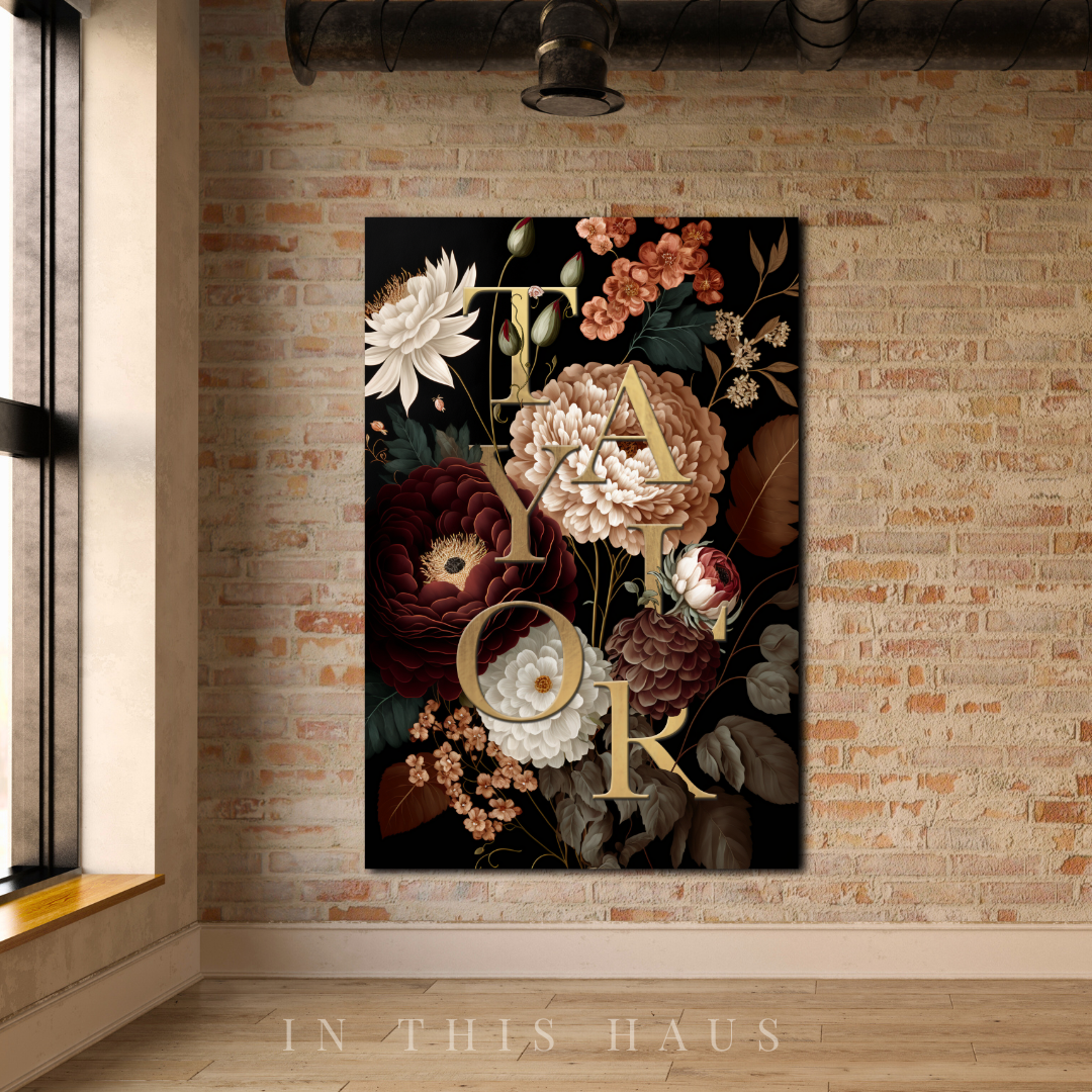 Personalized floral canvas with gold typography, adding charm to any home decor setting.