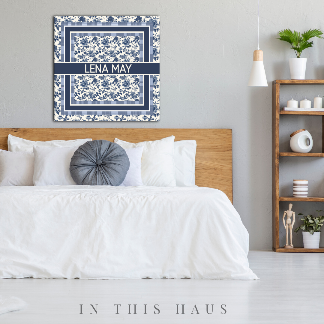 Lena May Toile Canvas featuring a classic blue floral pattern and customizable name stripe.