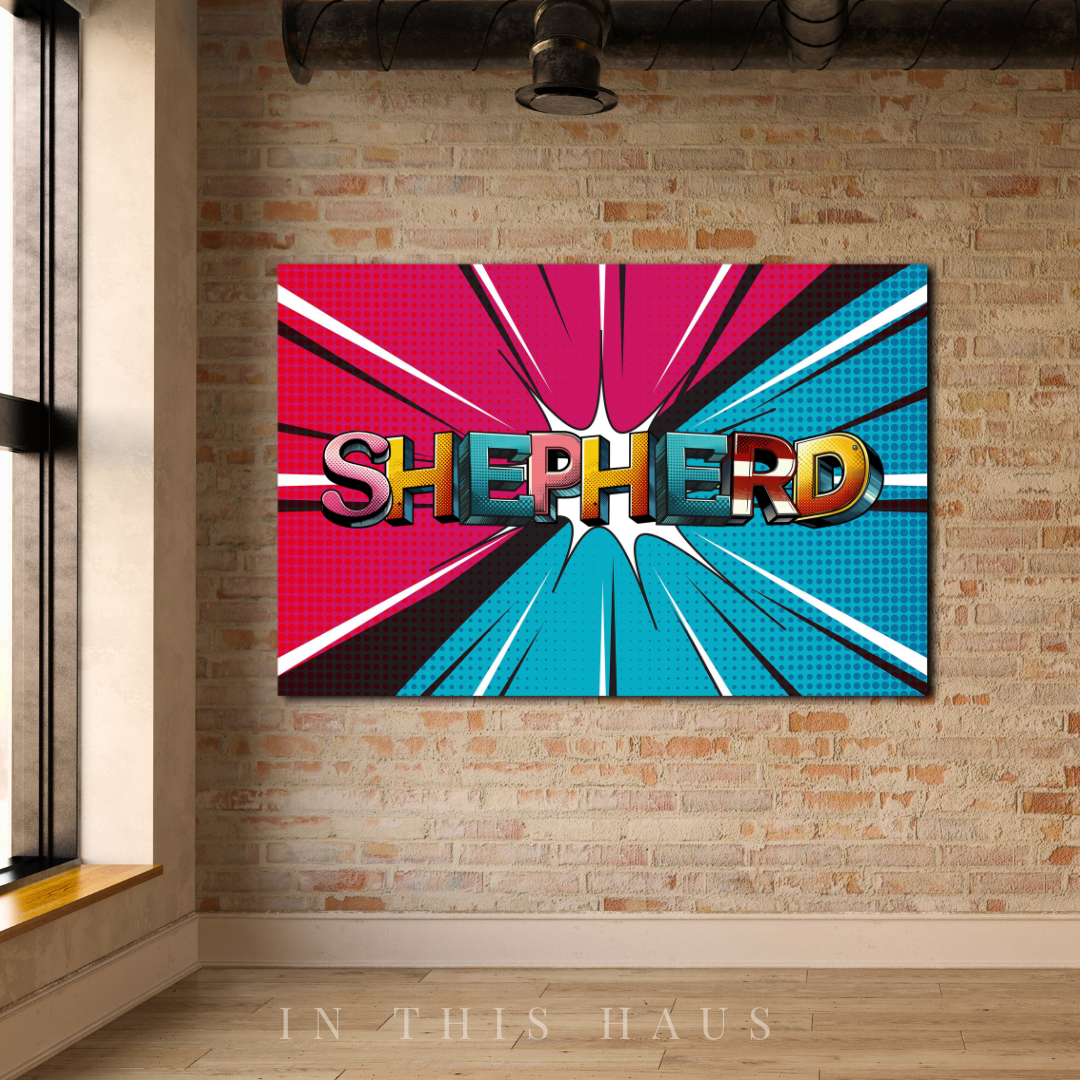 Dynamic comic book lettering with a red and blue explosion background.