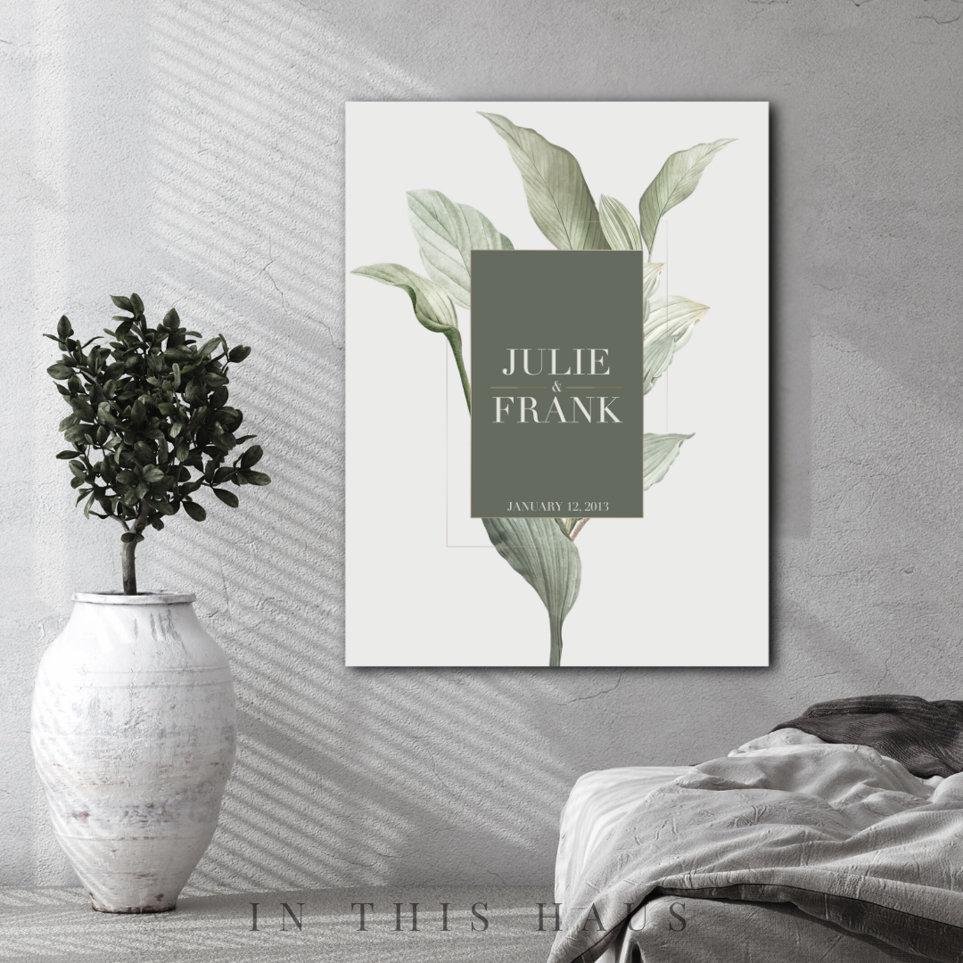Close-up of the elegant floral details and personalized typography on the Evelyn canvas.
