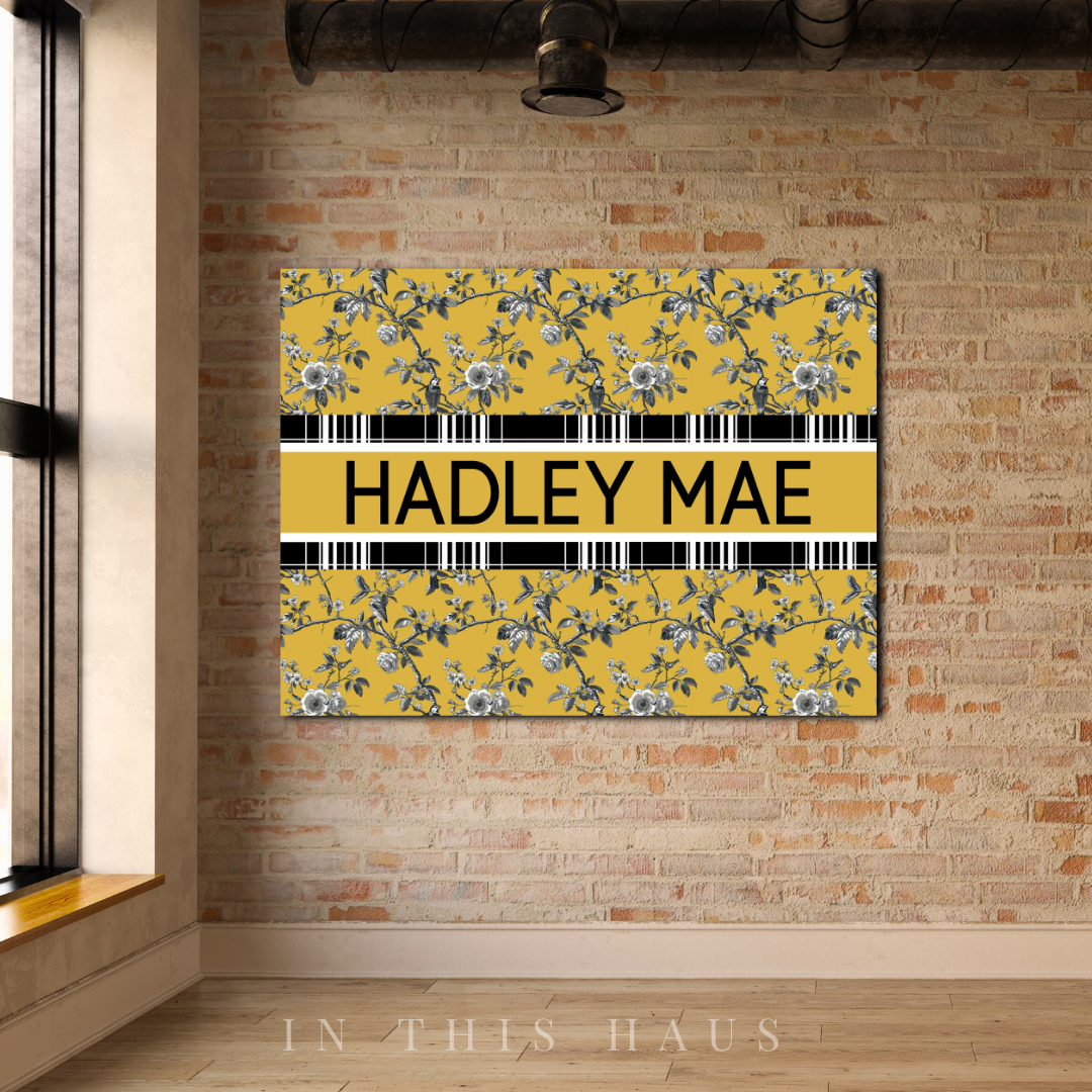 Close-up of the intricate black-and-white toile floral details on the Hadley Mae Canvas.