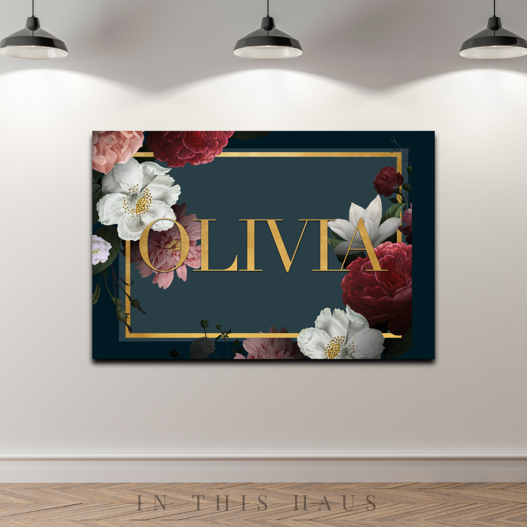 Side view of the 1.25-inch deep frame on the Olivia Personalized Floral Canvas.