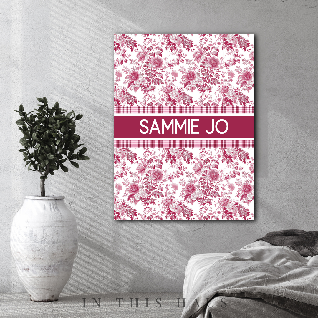 Custom pink floral and gingham name art for elegant nursery or home decor