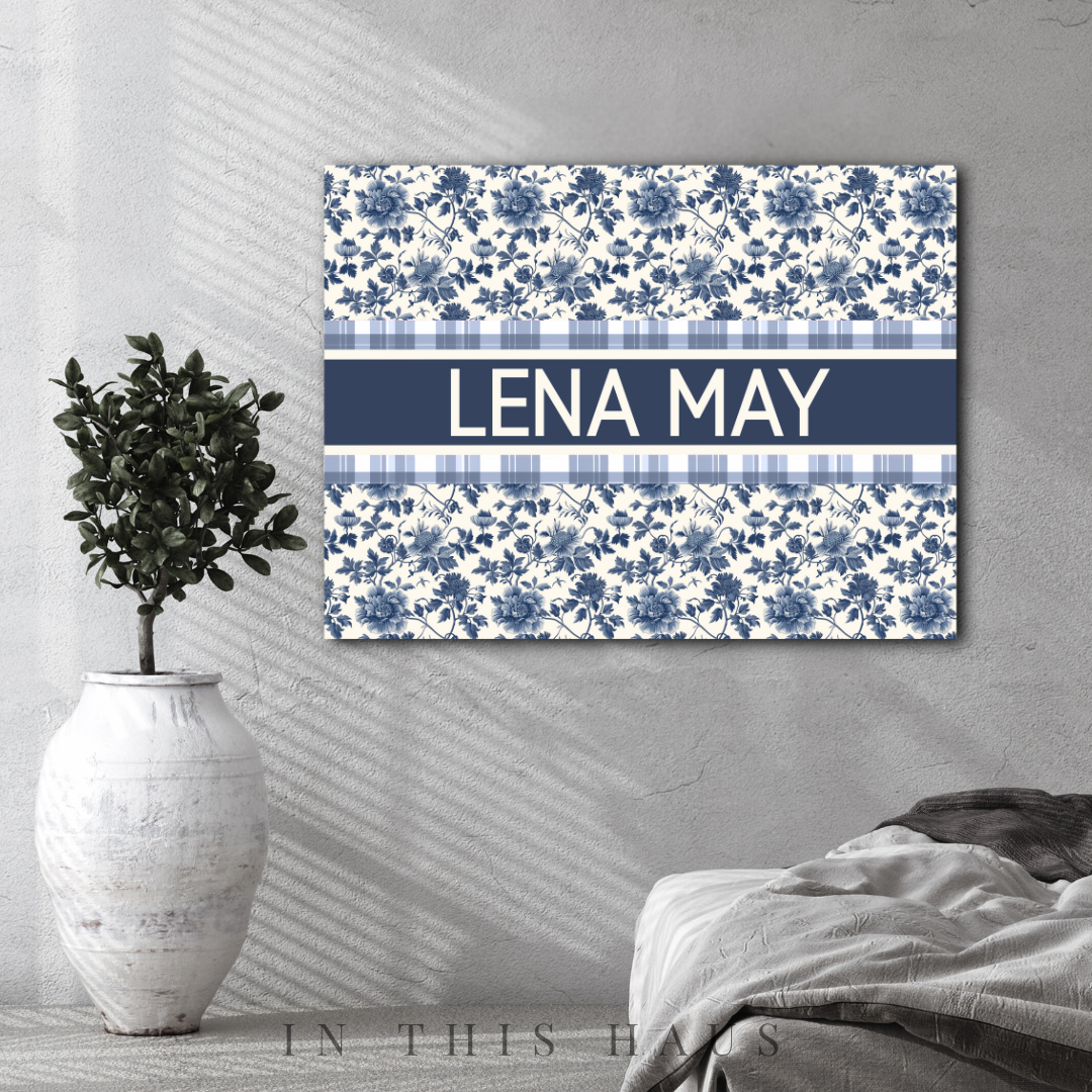 Custom vintage-inspired wall art with blue florals and gingham accents