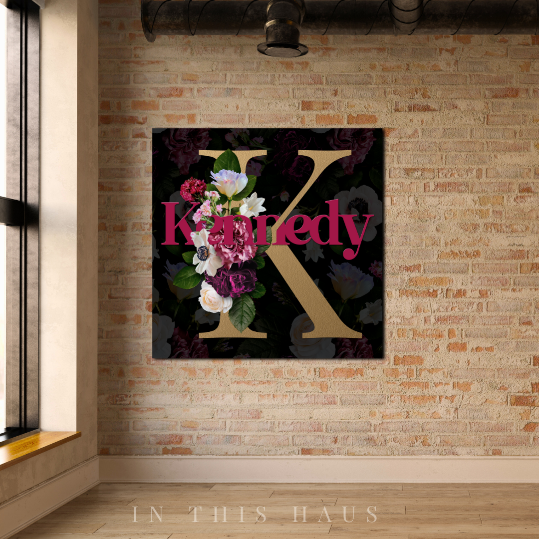 Bedroom decor featuring the Kennedy Initial Canvas as a centerpiece for personalized elegance.
