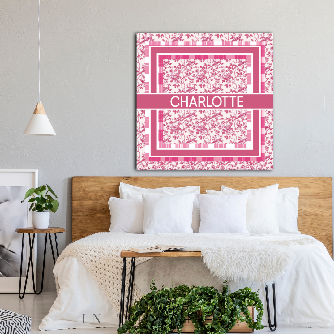 Personalized Pink Toile and Plaid Canvas | Elegant Vintage Name Sign