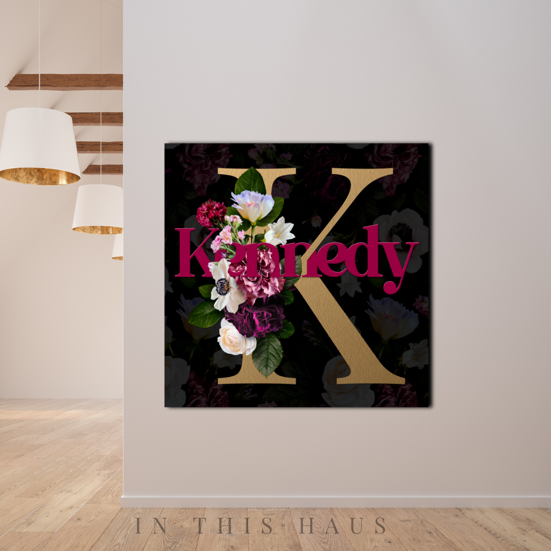 Kennedy Floral Initial Canvas featuring a custom name and gold monogram surrounded by lush florals.