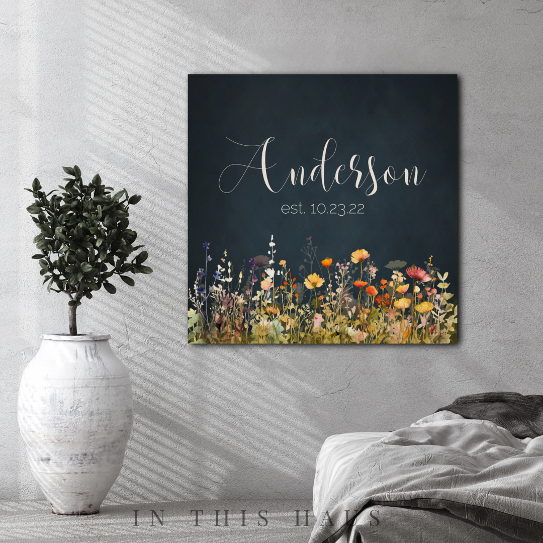 Close-up of the wildflower details and elegant script on the personalized last name sign.