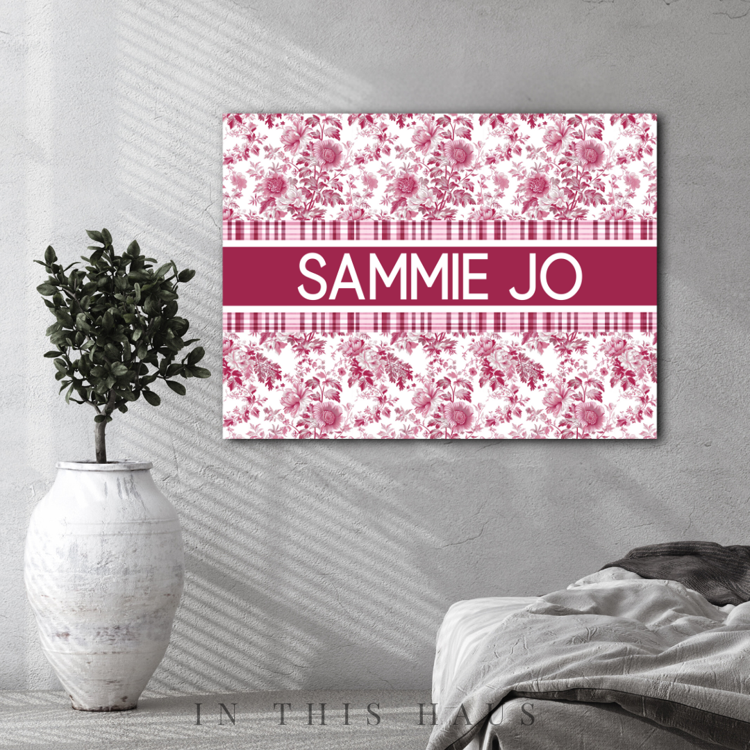 Side view of a 1.25-inch deep personalized toile canvas with high-quality printing.