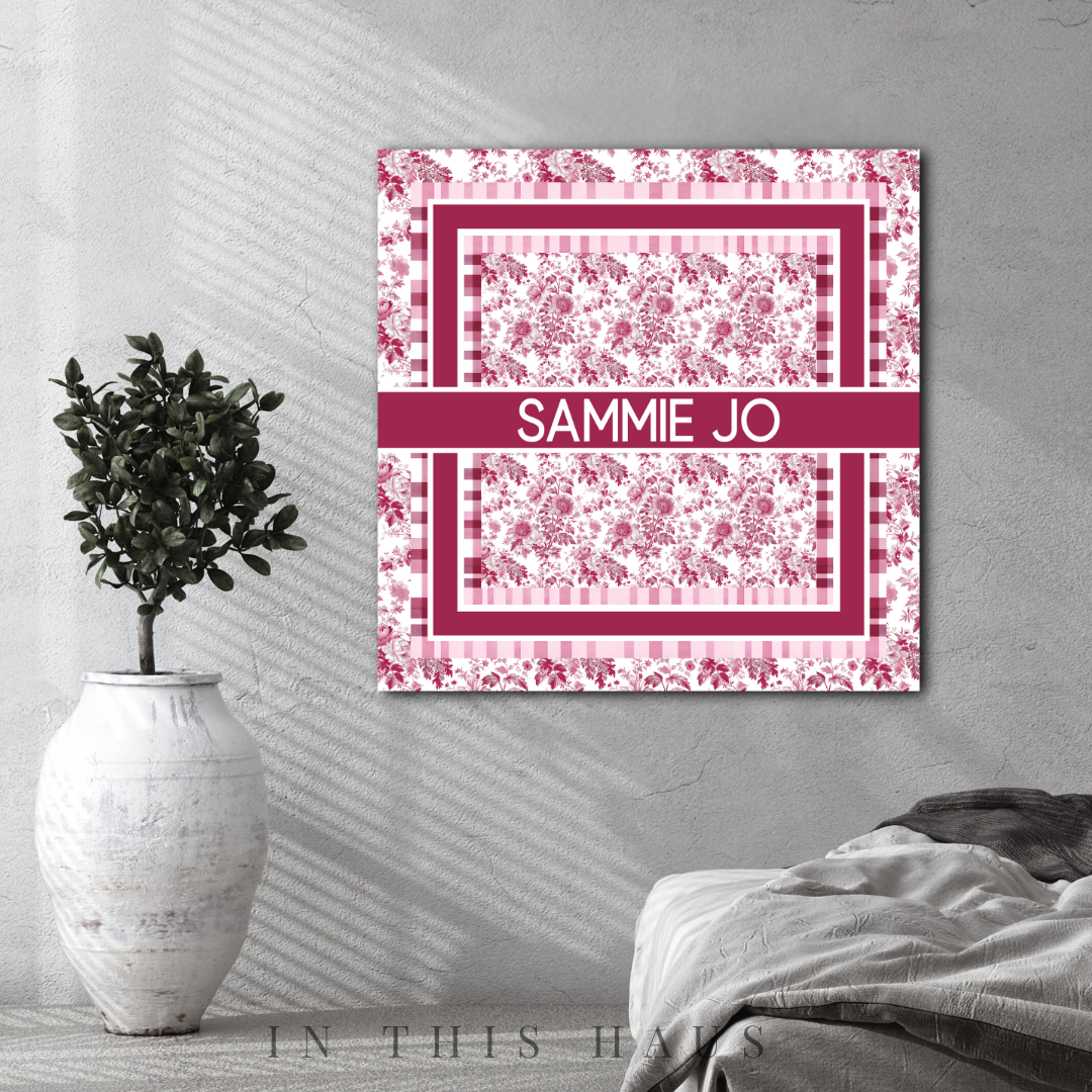 Nursery styled with the Sammie Jo Pink Toile Canvas as a focal point for vintage charm.