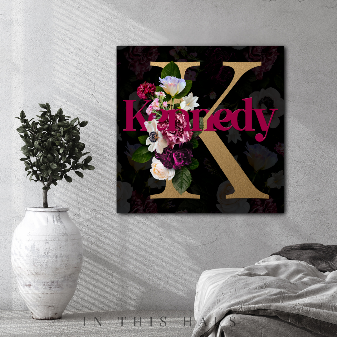 Elegant living room decor showcasing the Kennedy Floral Initial Canvas.