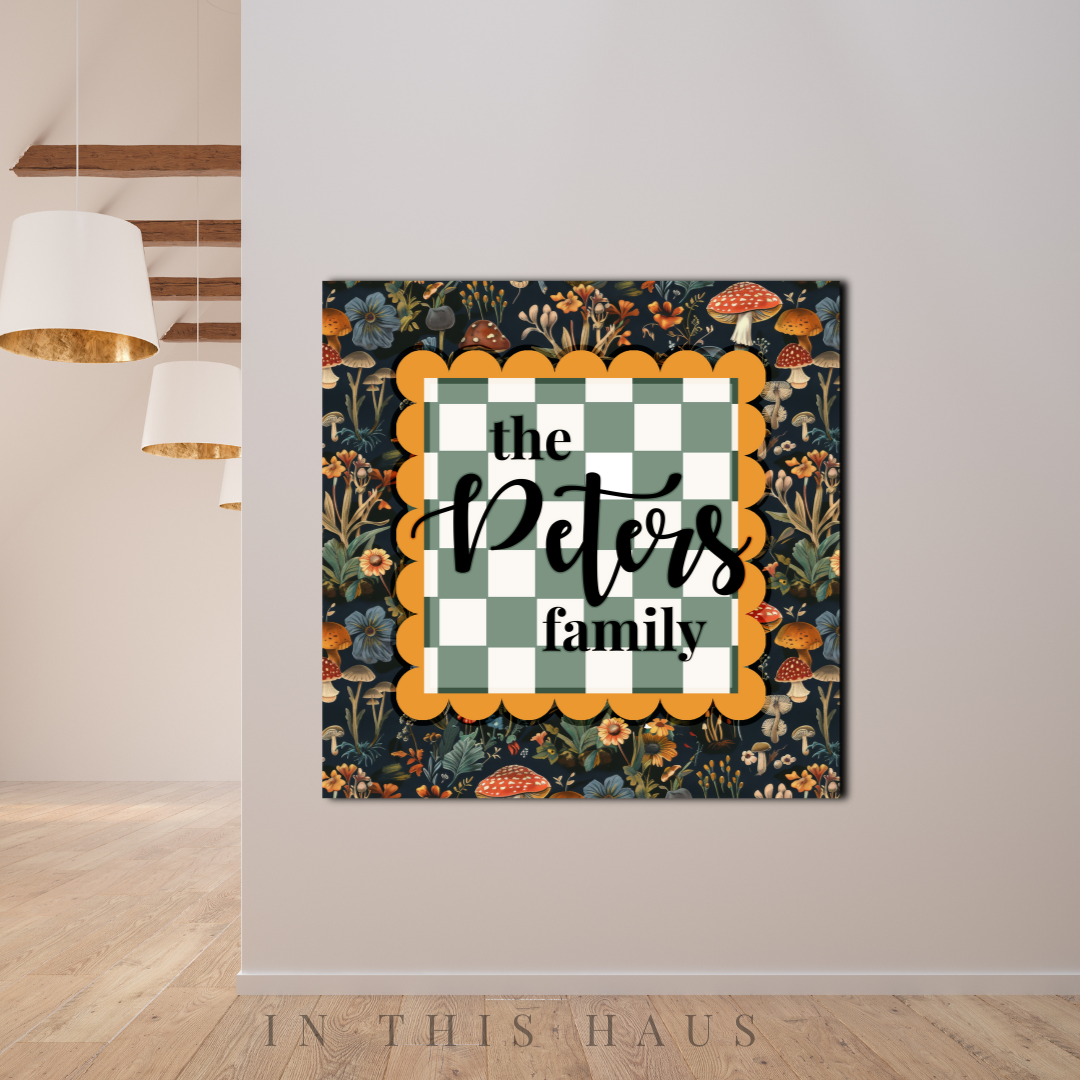 Personalized family plaque with floral mushroom pattern and green checkered design, customizable with family name.