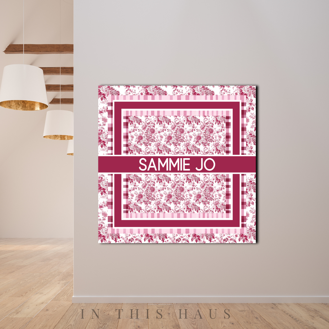 Gift-ready packaging for the Pink Toile Custom Canvas, perfect for baby showers or housewarmings.