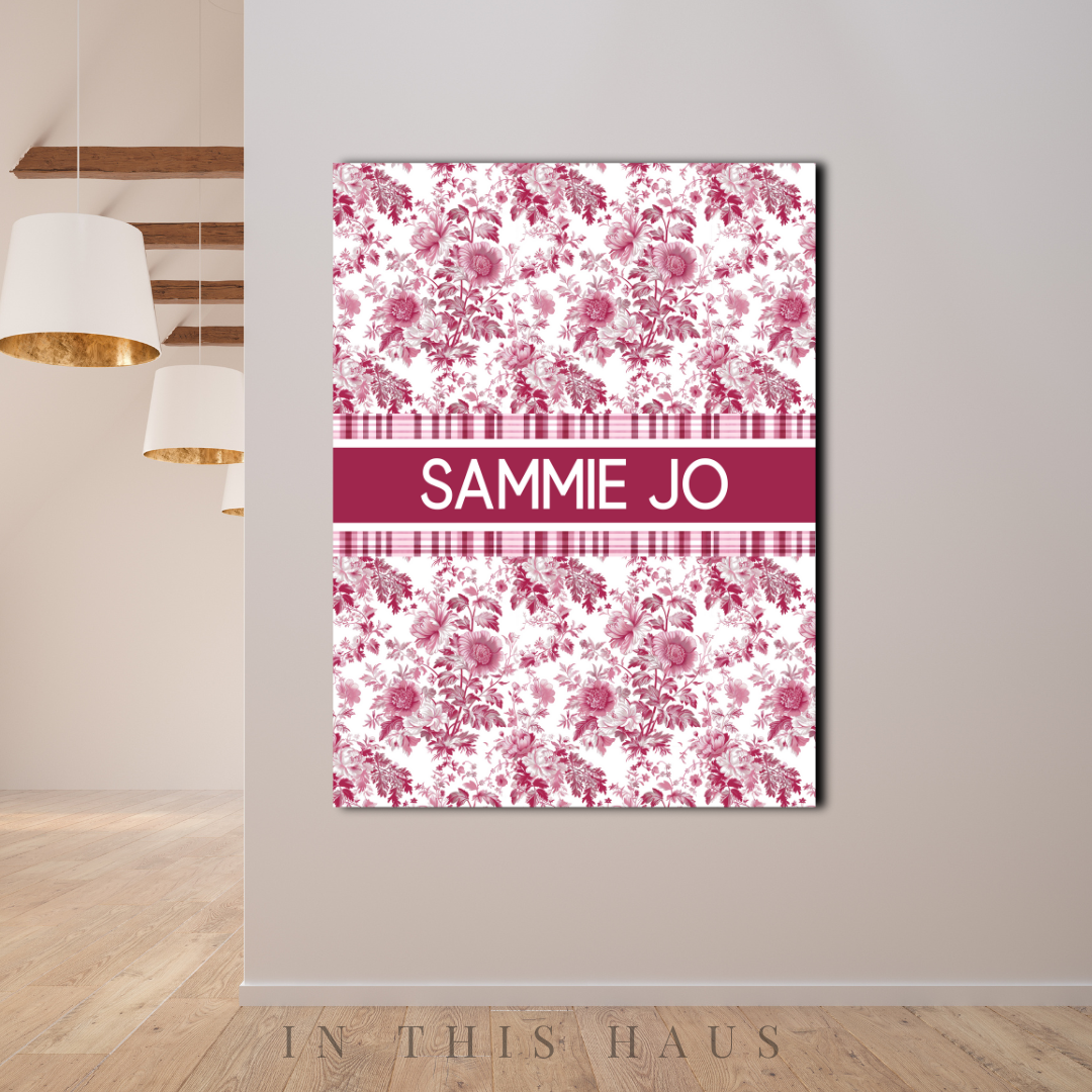 Feminine wall art featuring vintage floral patterns and gingham accents with custom text