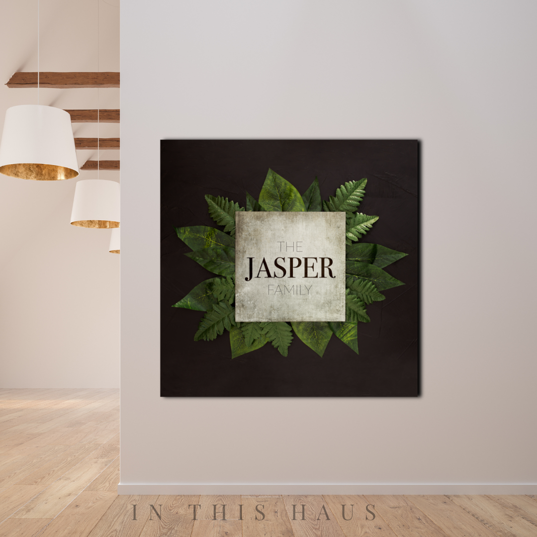Living room styled with the Jasper Greenery Canvas as a natural centerpiece.