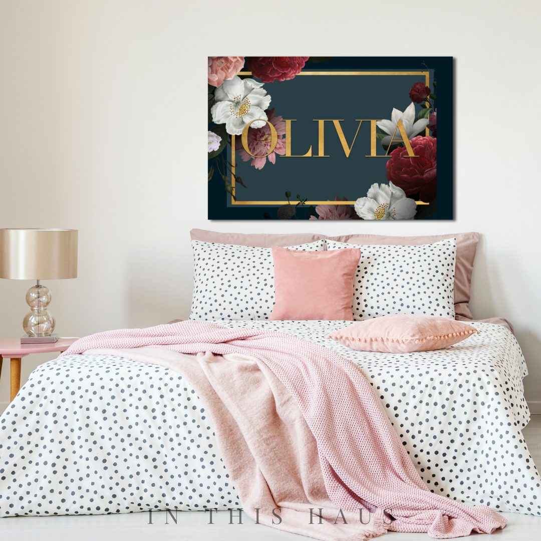 Bedroom styled with the Olivia Canvas, adding a sophisticated floral touch.
