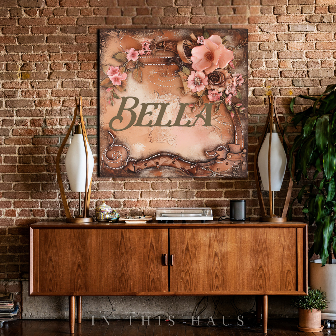 Living room styled with the Bella Western Canvas as a rustic centerpiece.