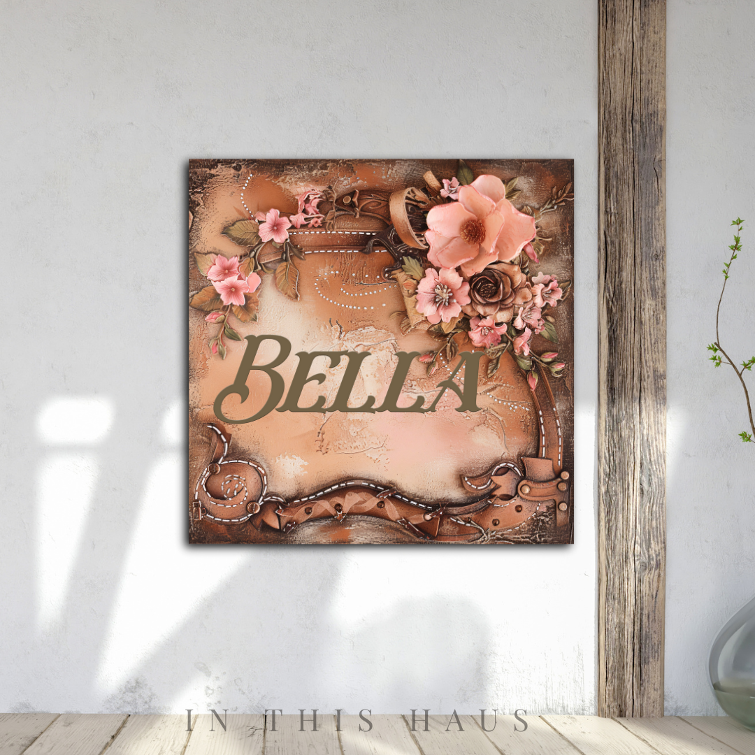 Entryway decor with the Bella Canvas adding a welcoming Western aesthetic.