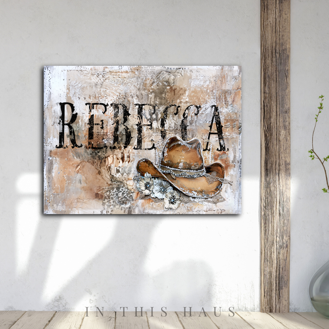 Personalized Name Western Canvas | Rebecca Rustic Cowgirl Hat Design