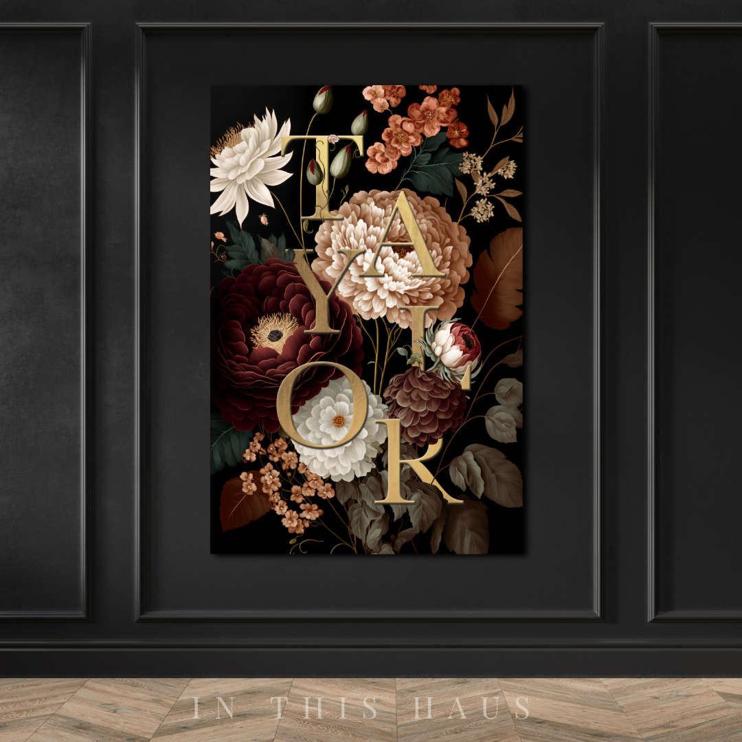 Taylor floral name sign displayed in a modern bedroom or elegant office space.