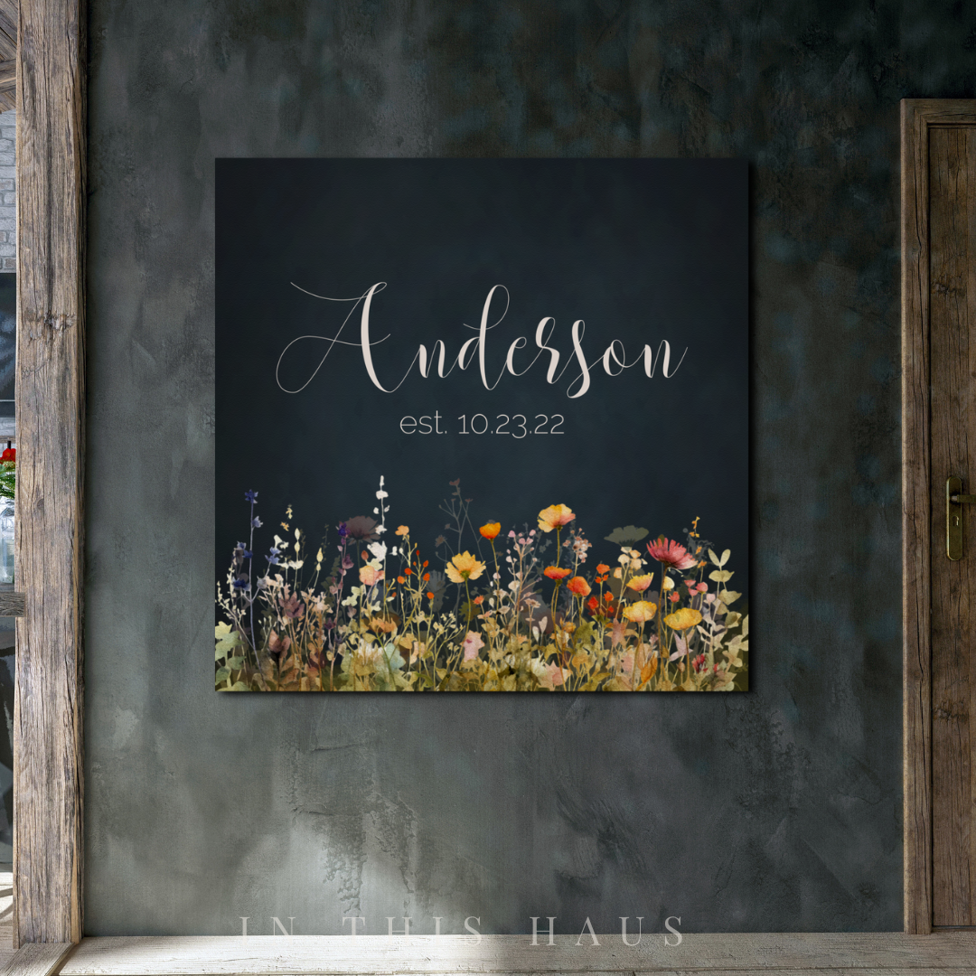 "Living room decor styled with the Anderson Last Name Sign as a centerpiece."